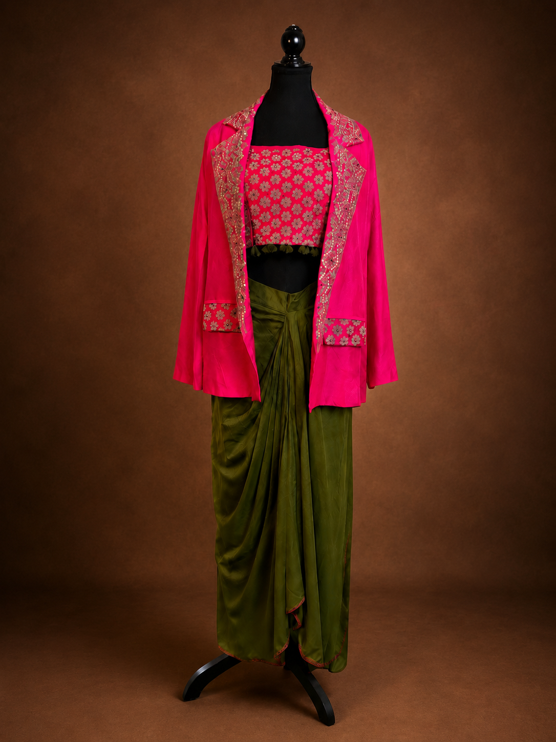 Fuchsia Embroidered Jacket with Draped Skirt & Crop Top — Indo Western Set