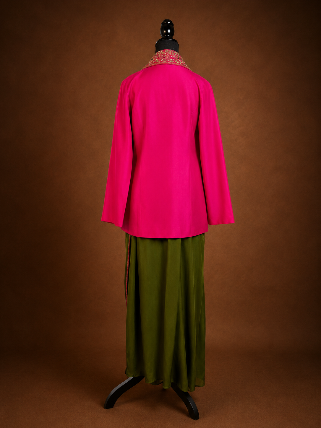 Fuchsia Embroidered Jacket with Draped Skirt & Crop Top — Indo Western Set