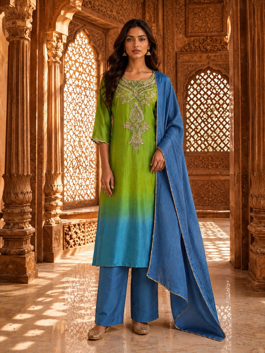 Green & Blue Ombré Embroidered Kurta Set with Pants & Dupatta