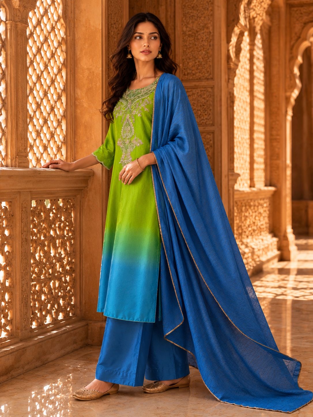Green & Blue Ombré Embroidered Kurta Set with Pants & Dupatta