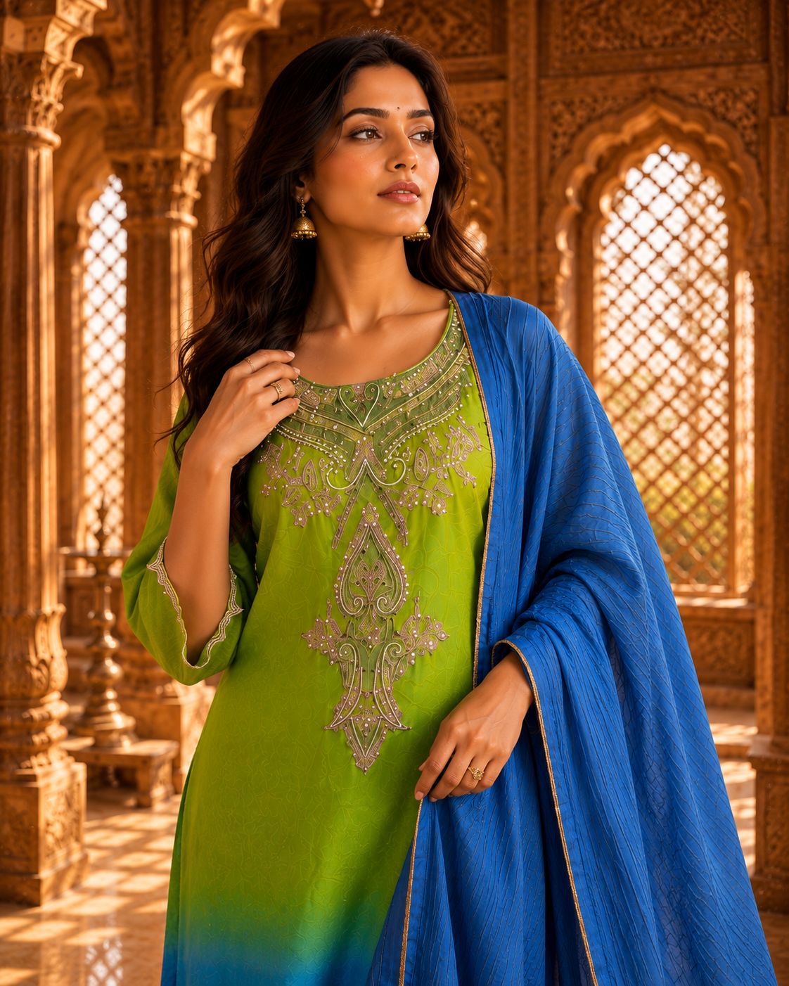 Green & Blue Ombré Embroidered Kurta Set with Pants & Dupatta