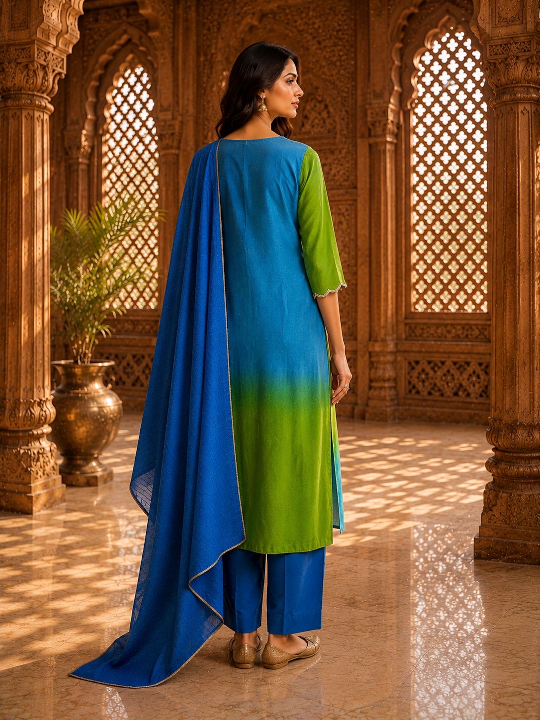 Green & Blue Ombré Embroidered Kurta Set with Pants & Dupatta