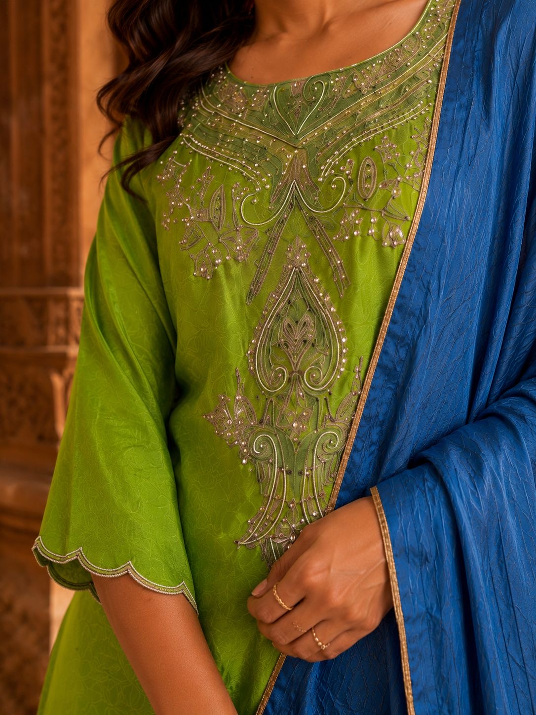 Green & Blue Ombré Embroidered Kurta Set with Pants & Dupatta