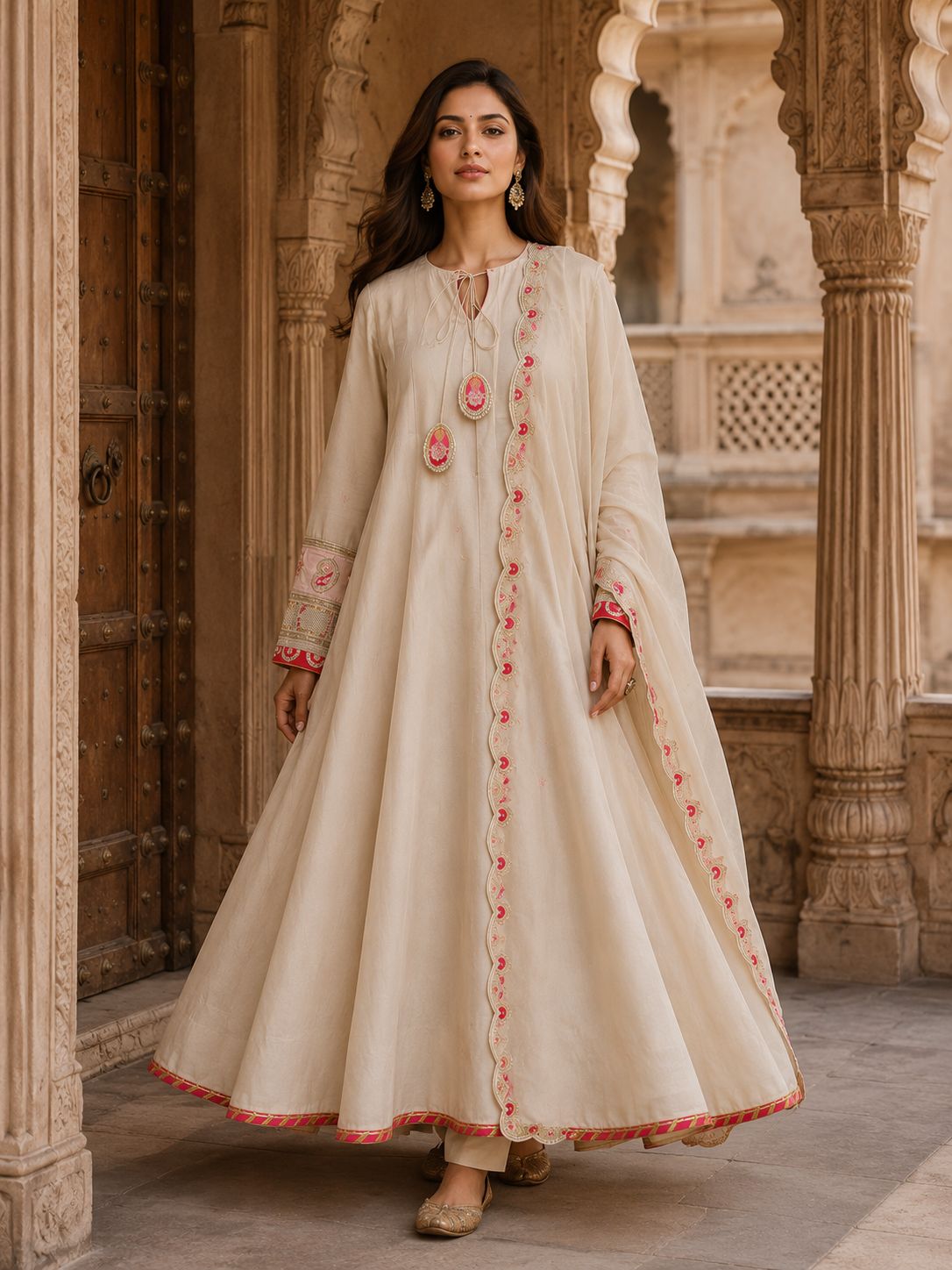Ivory Anarkali Kurta Set with Scalloped Dupatta, Pants & Tassel Ties