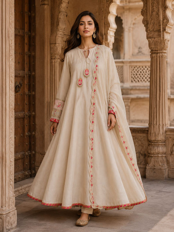 Ivory Anarkali Kurta Set with Scalloped Dupatta, Pants & Tassel Ties