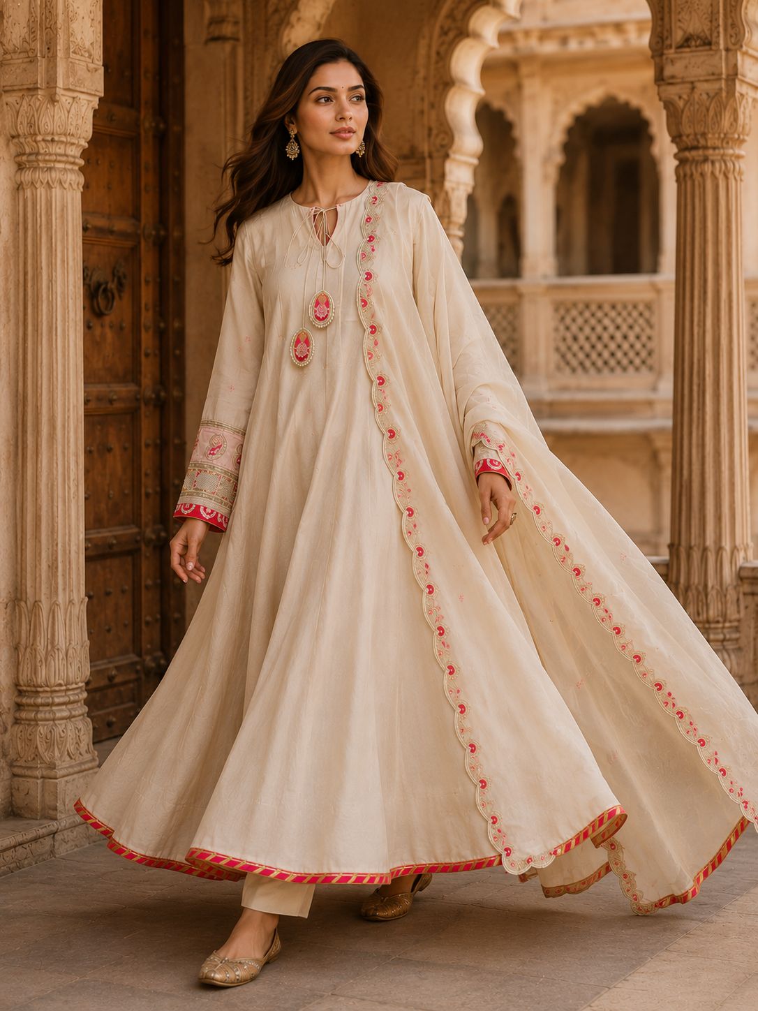 Ivory Anarkali Kurta Set with Scalloped Dupatta, Pants & Tassel Ties