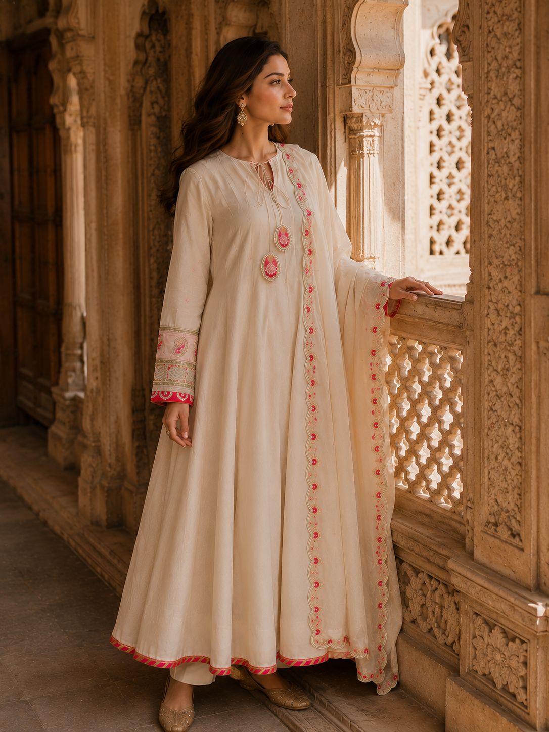 Ivory Anarkali Kurta Set with Scalloped Dupatta, Pants & Tassel Ties