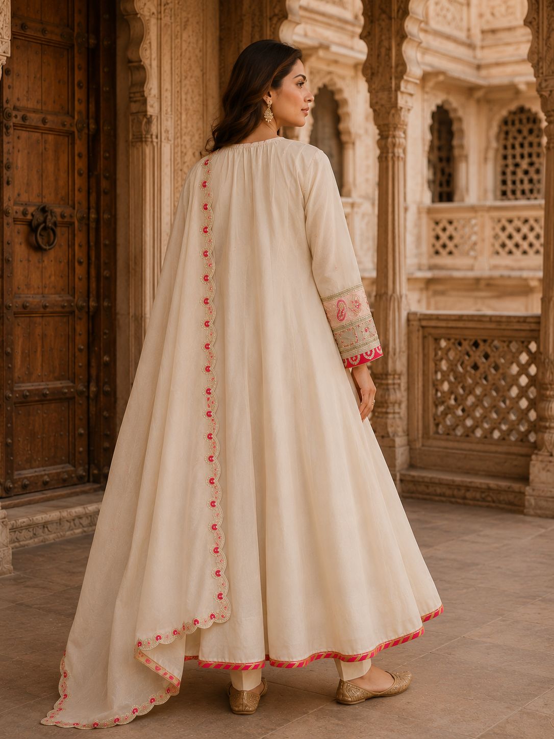 Ivory Anarkali Kurta Set with Scalloped Dupatta, Pants & Tassel Ties