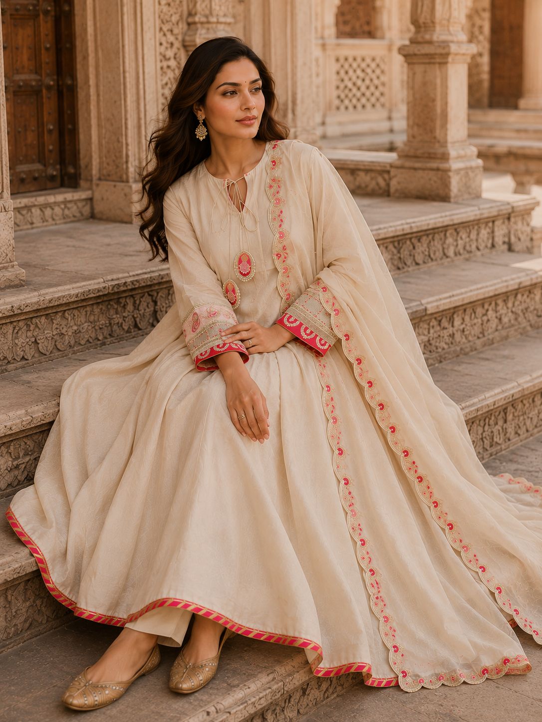 Ivory Anarkali Kurta Set with Scalloped Dupatta, Pants & Tassel Ties