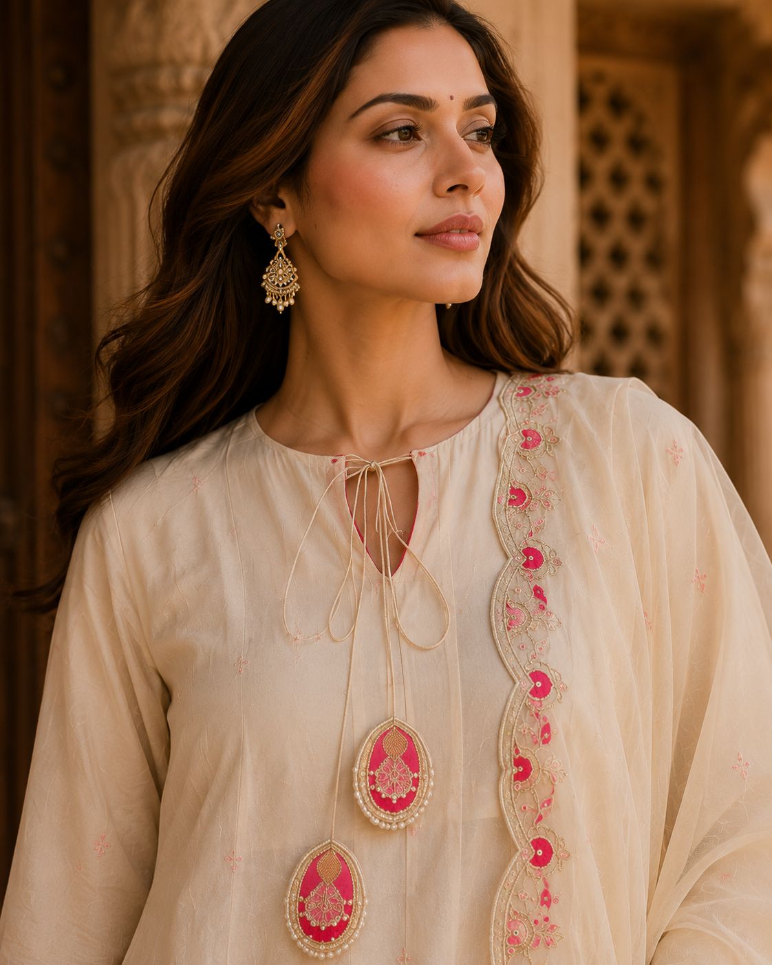 Ivory Anarkali Kurta Set with Scalloped Dupatta, Pants & Tassel Ties