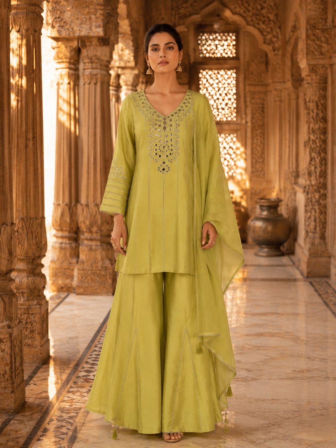 Lime Green Mirror Work Embroidered Short Kurta Set with Sharara & Dupatta