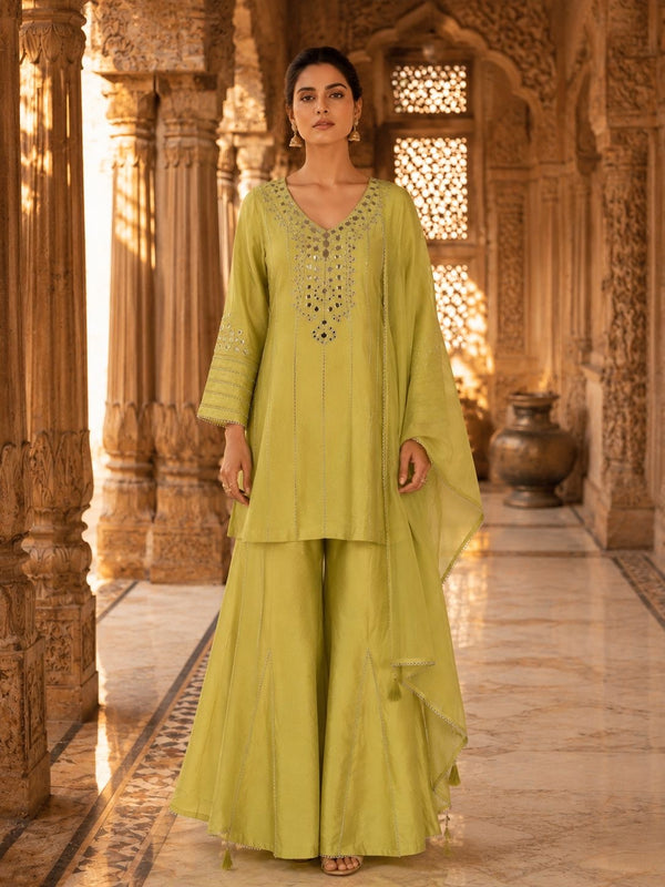 Lime Green Mirror Work Embroidered Short Kurta Set with Sharara & Dupatta