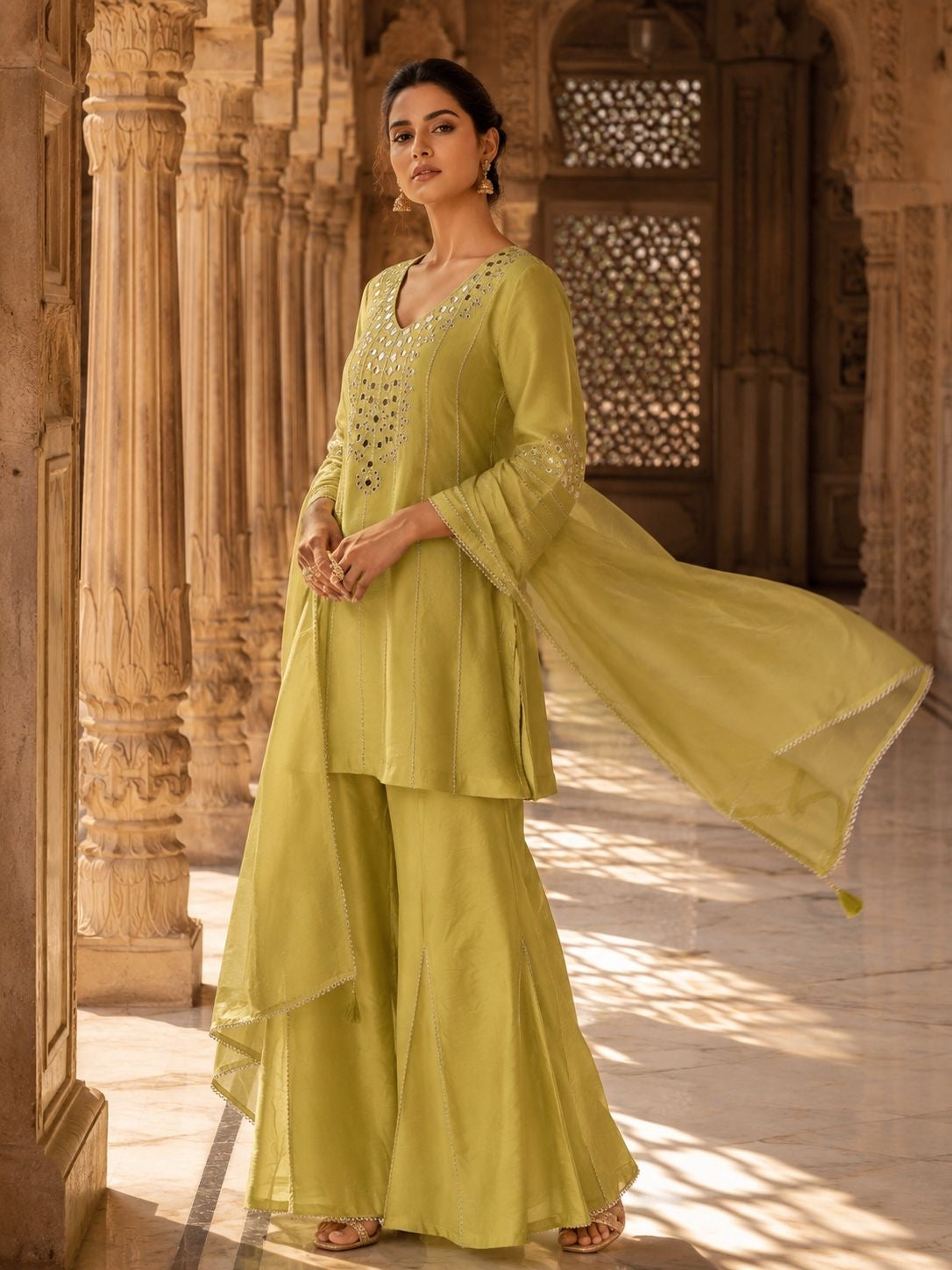 Lime Green Mirror Work Embroidered Short Kurta Set with Sharara & Dupatta