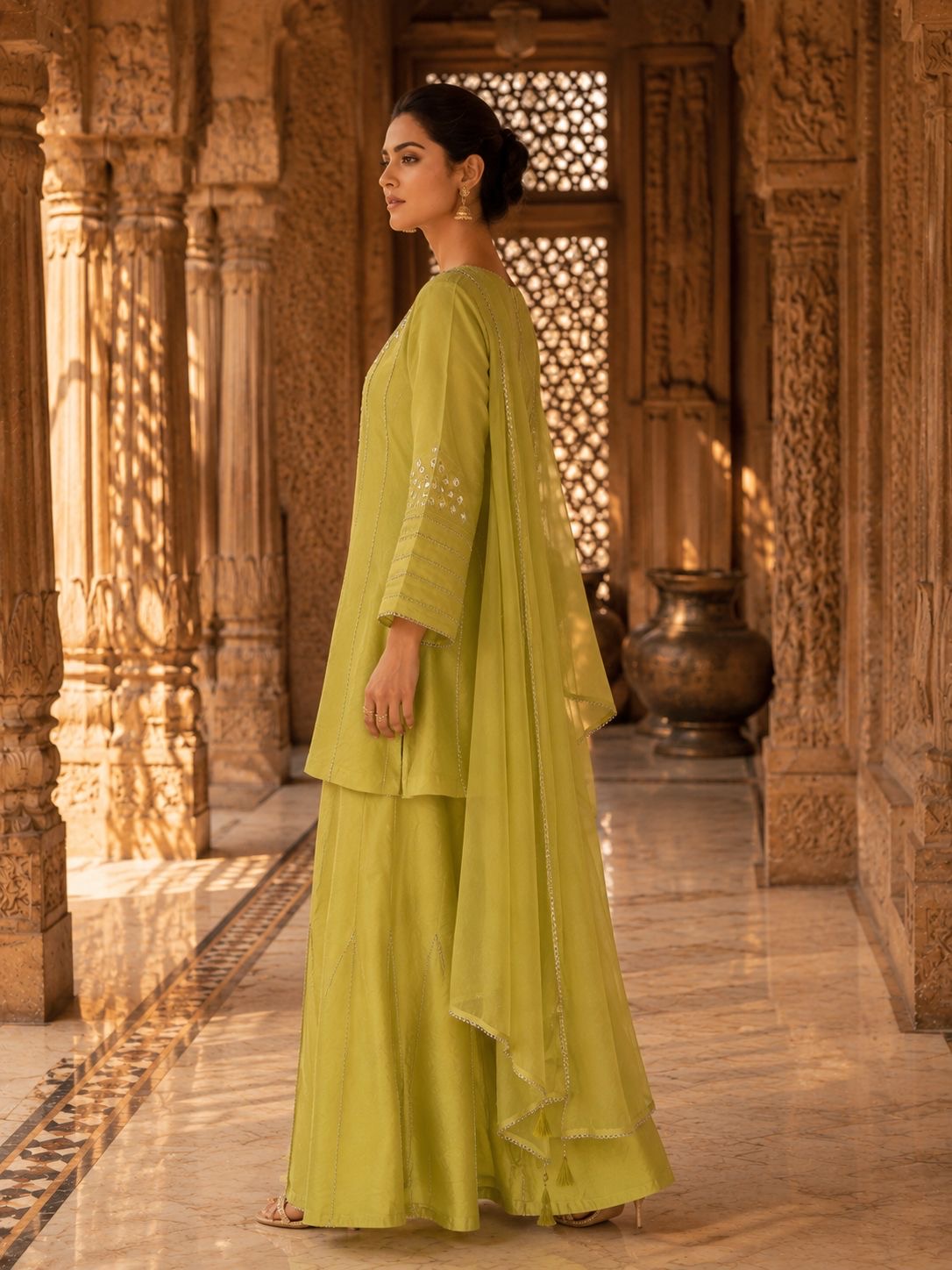 Lime Green Mirror Work Embroidered Short Kurta Set with Sharara & Dupatta