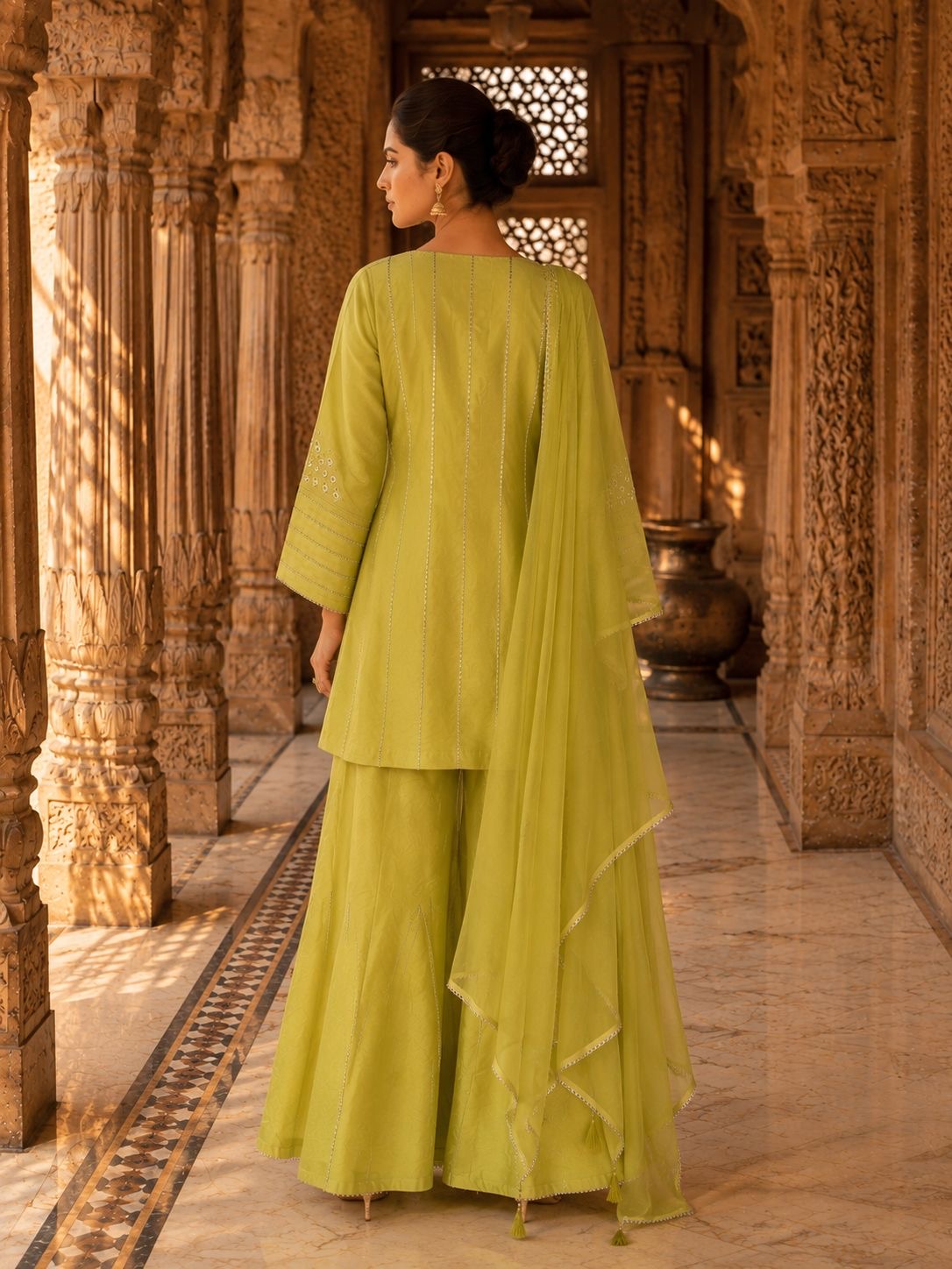 Lime Green Mirror Work Embroidered Short Kurta Set with Sharara & Dupatta