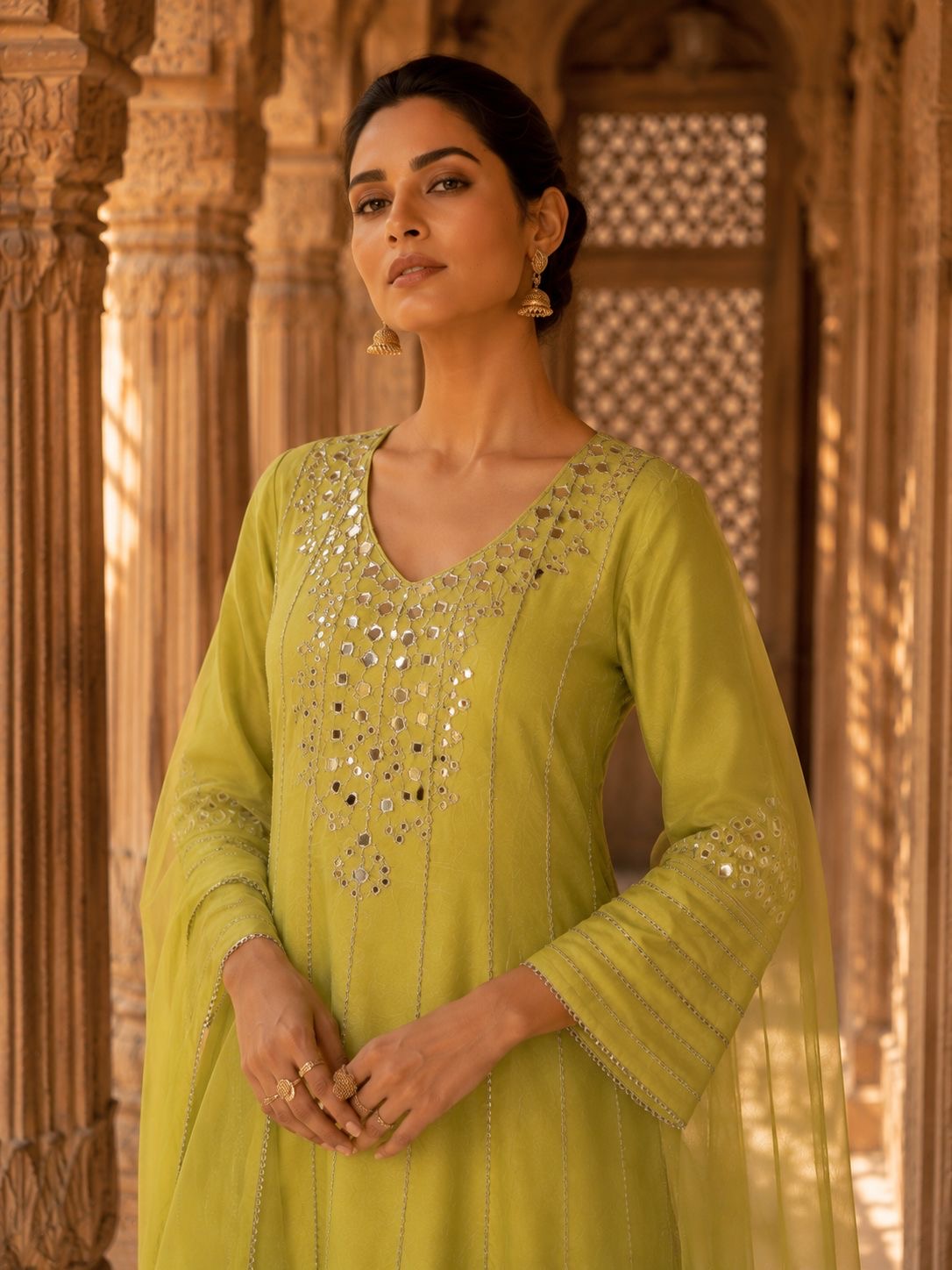 Lime Green Mirror Work Embroidered Short Kurta Set with Sharara & Dupatta