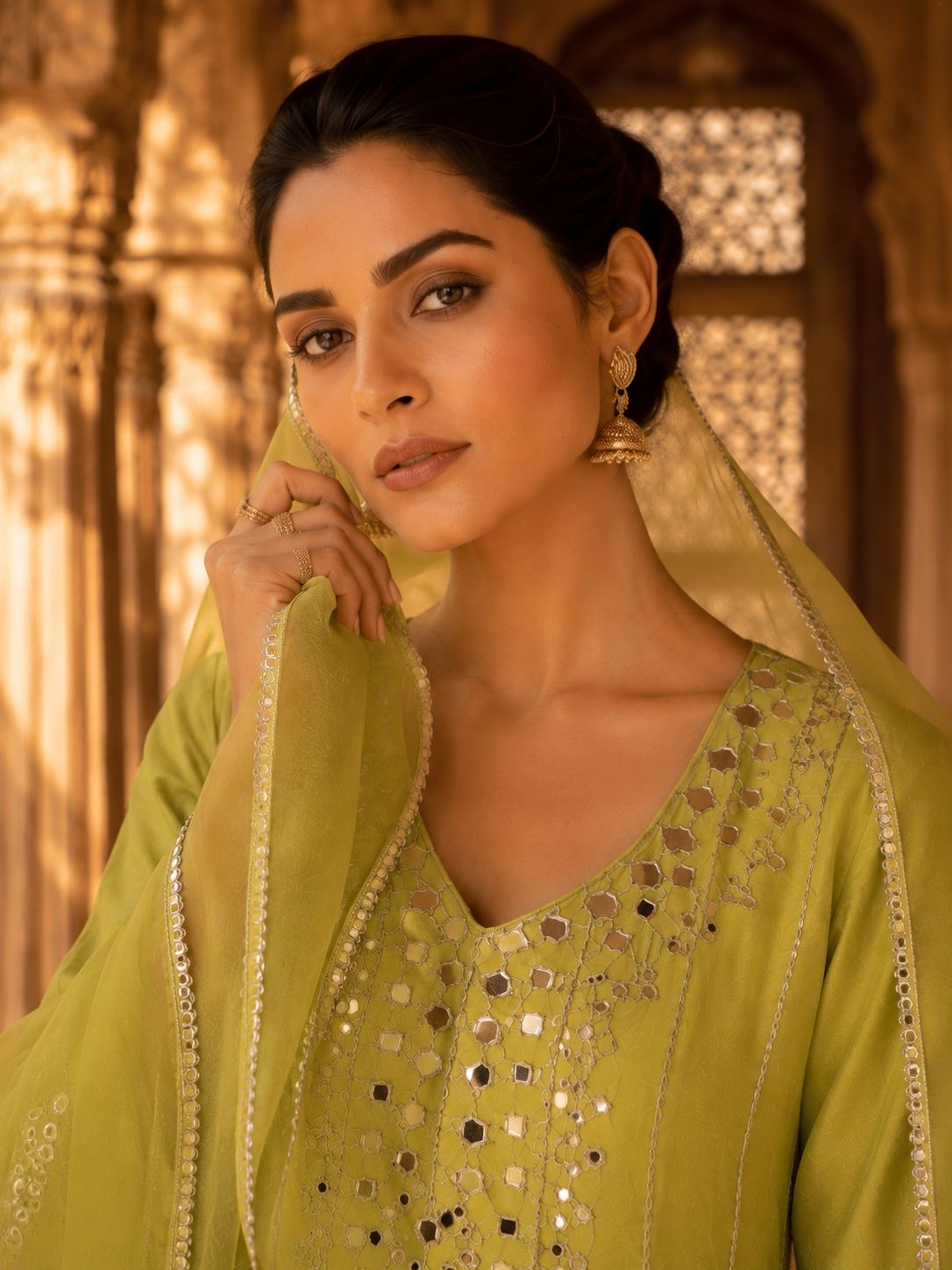 Lime Green Mirror Work Embroidered Short Kurta Set with Sharara & Dupatta