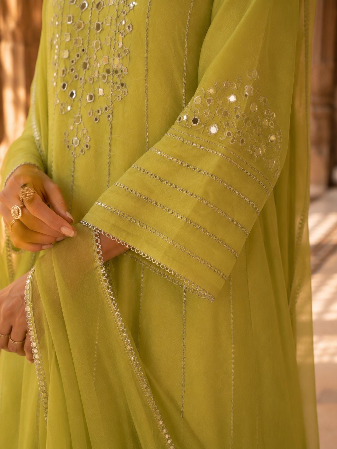 Lime Green Mirror Work Embroidered Short Kurta Set with Sharara & Dupatta