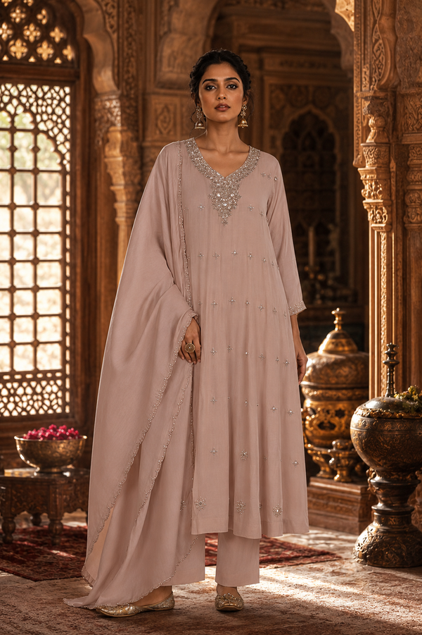 Mauve Banarasi Mul Chanderi Mirror Work Embroidered Kurta Set with Pants & Dupatta