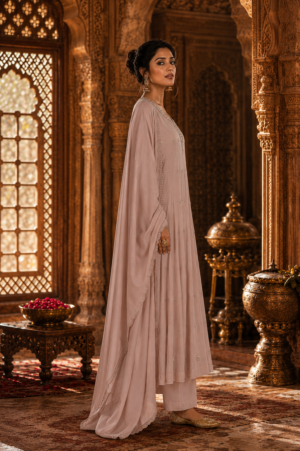 Mauve Banarasi Mul Chanderi Mirror Work Embroidered Kurta Set with Pants & Dupatta