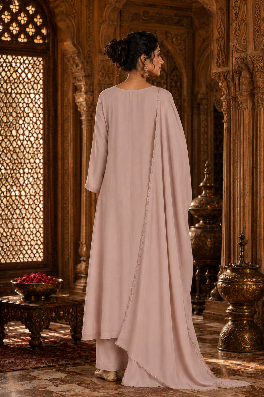 Mauve Banarasi Mul Chanderi Mirror Work Embroidered Kurta Set with Pants & Dupatta