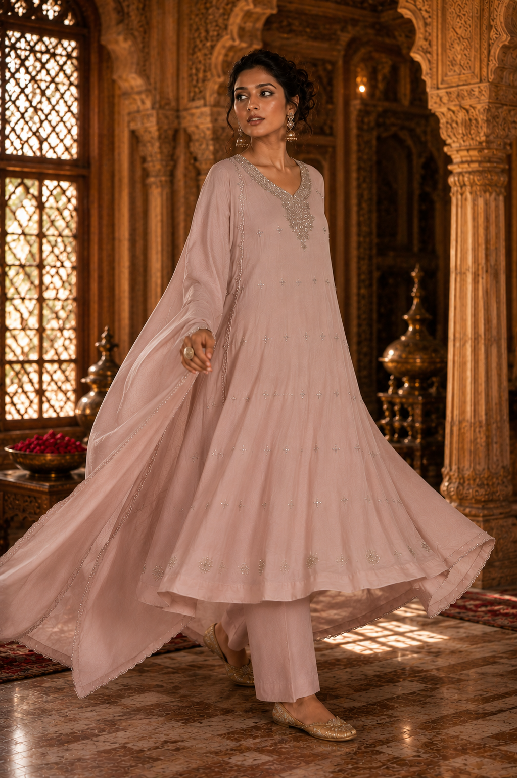 Mauve Banarasi Mul Chanderi Mirror Work Embroidered Kurta Set with Pants & Dupatta