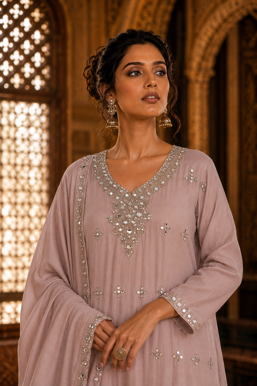 Mauve Banarasi Mul Chanderi Mirror Work Embroidered Kurta Set with Pants & Dupatta