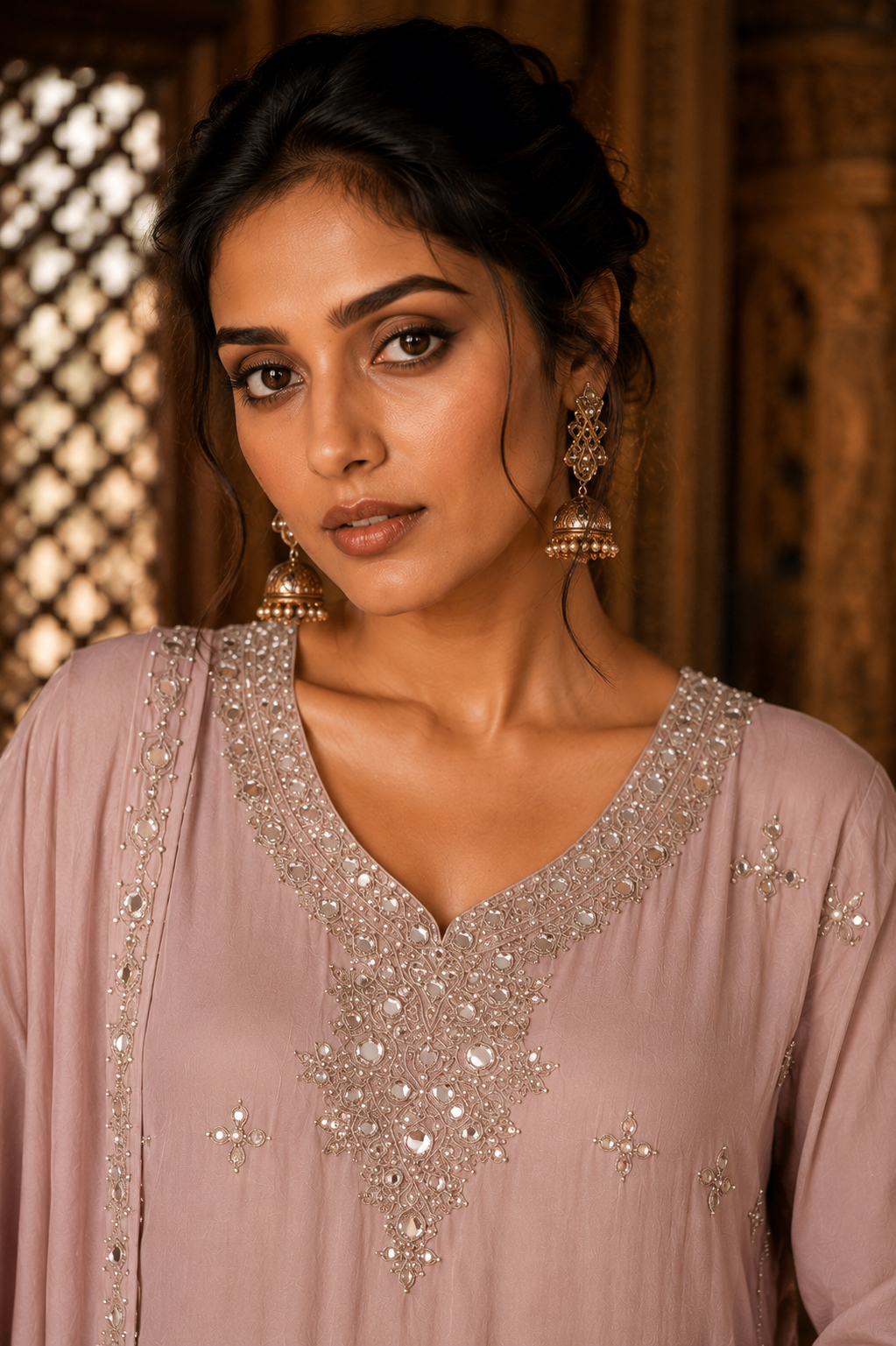Mauve Banarasi Mul Chanderi Mirror Work Embroidered Kurta Set with Pants & Dupatta