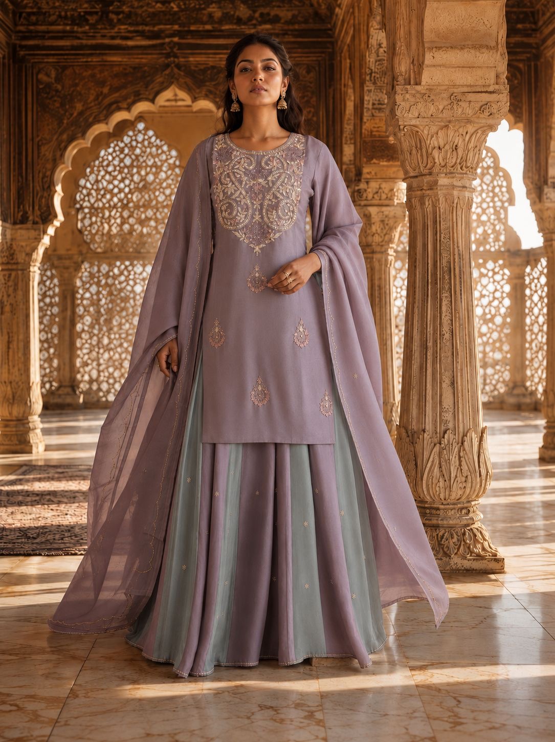 Mauve & Powder Blue Silk Chanderi Embroidered Kurta Set with Skirt & Dupatta