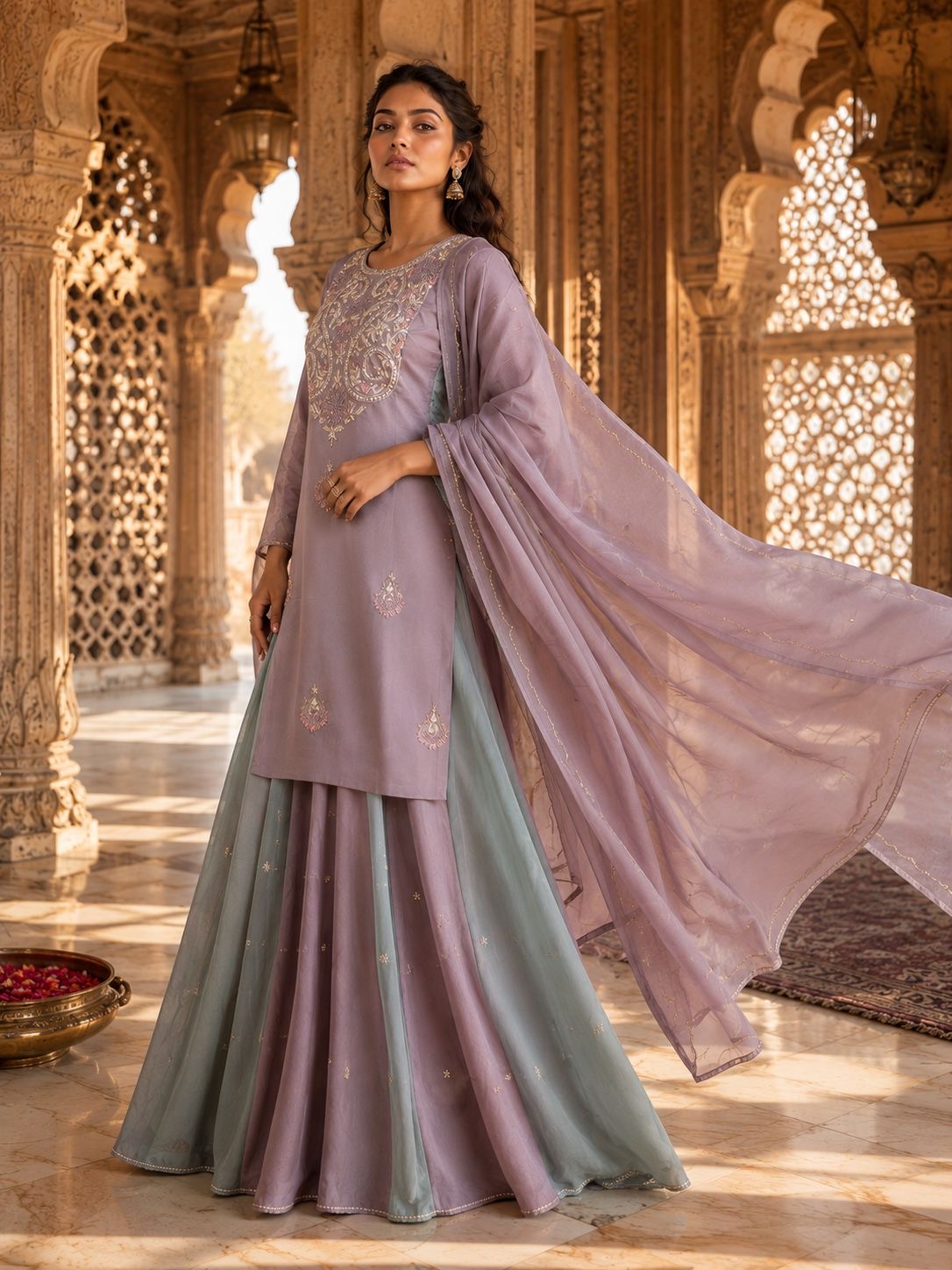 Mauve & Powder Blue Silk Chanderi Embroidered Kurta Set with Skirt & Dupatta