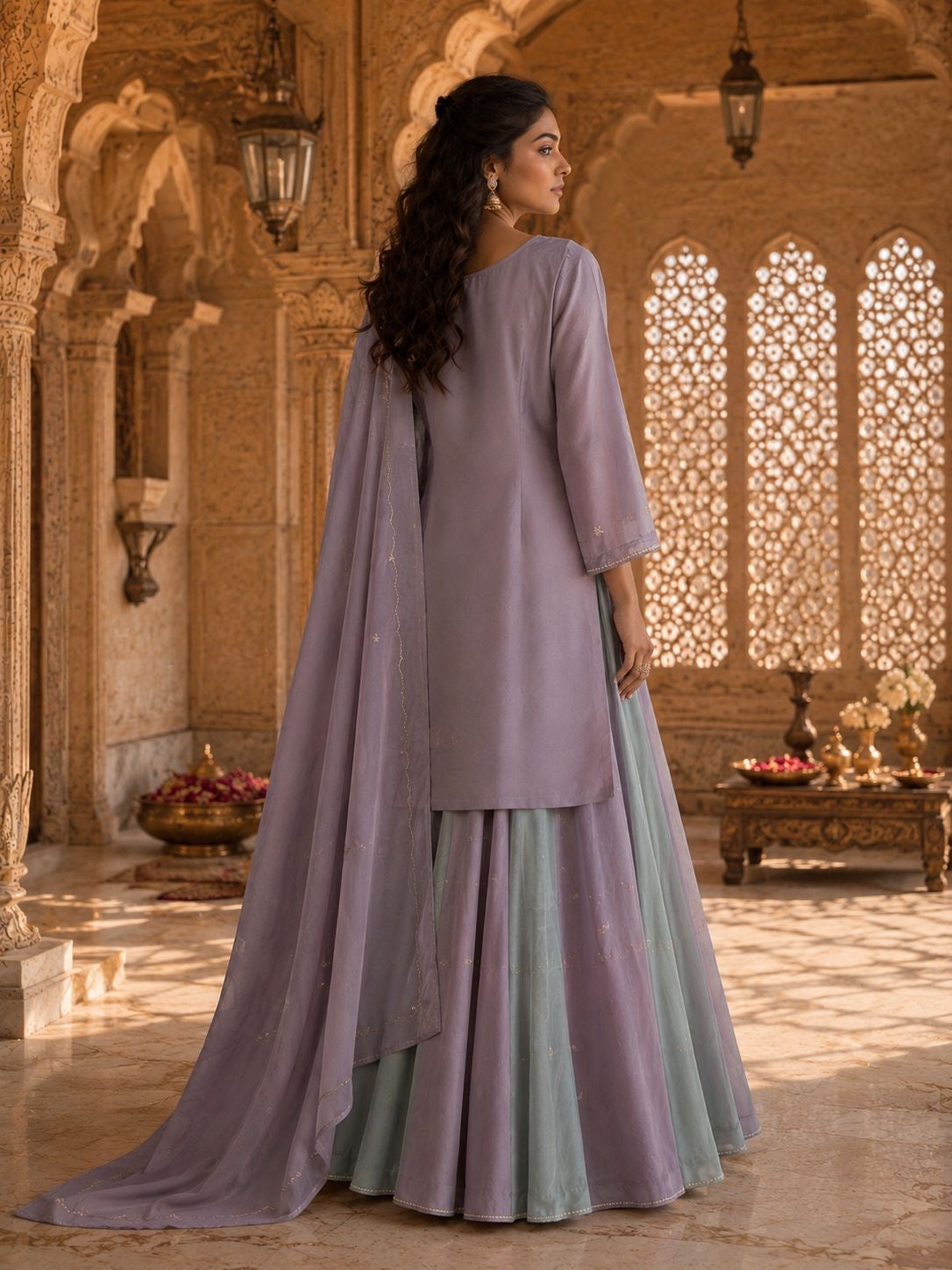 Mauve & Powder Blue Silk Chanderi Embroidered Kurta Set with Skirt & Dupatta