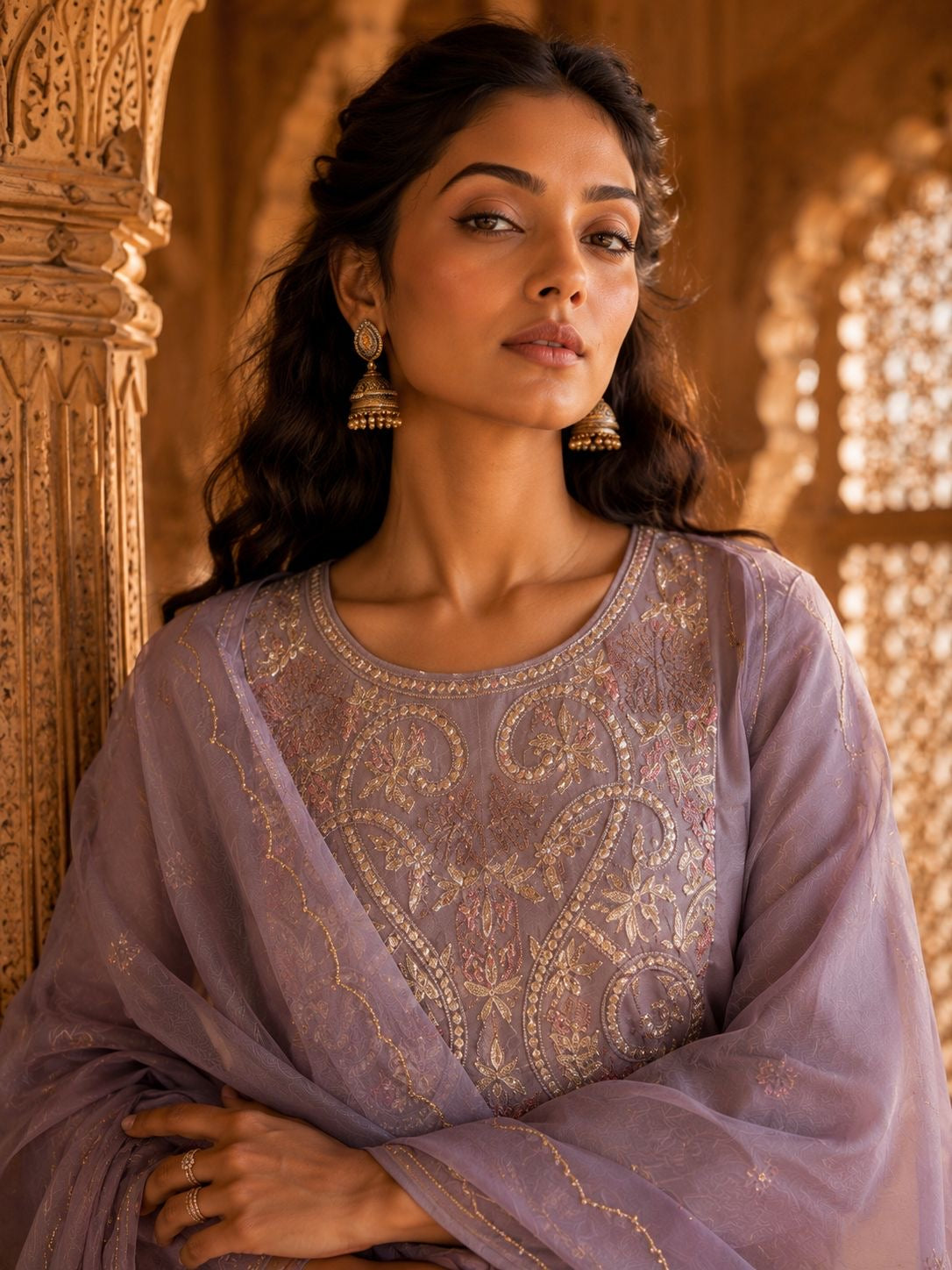 Mauve & Powder Blue Silk Chanderi Embroidered Kurta Set with Skirt & Dupatta