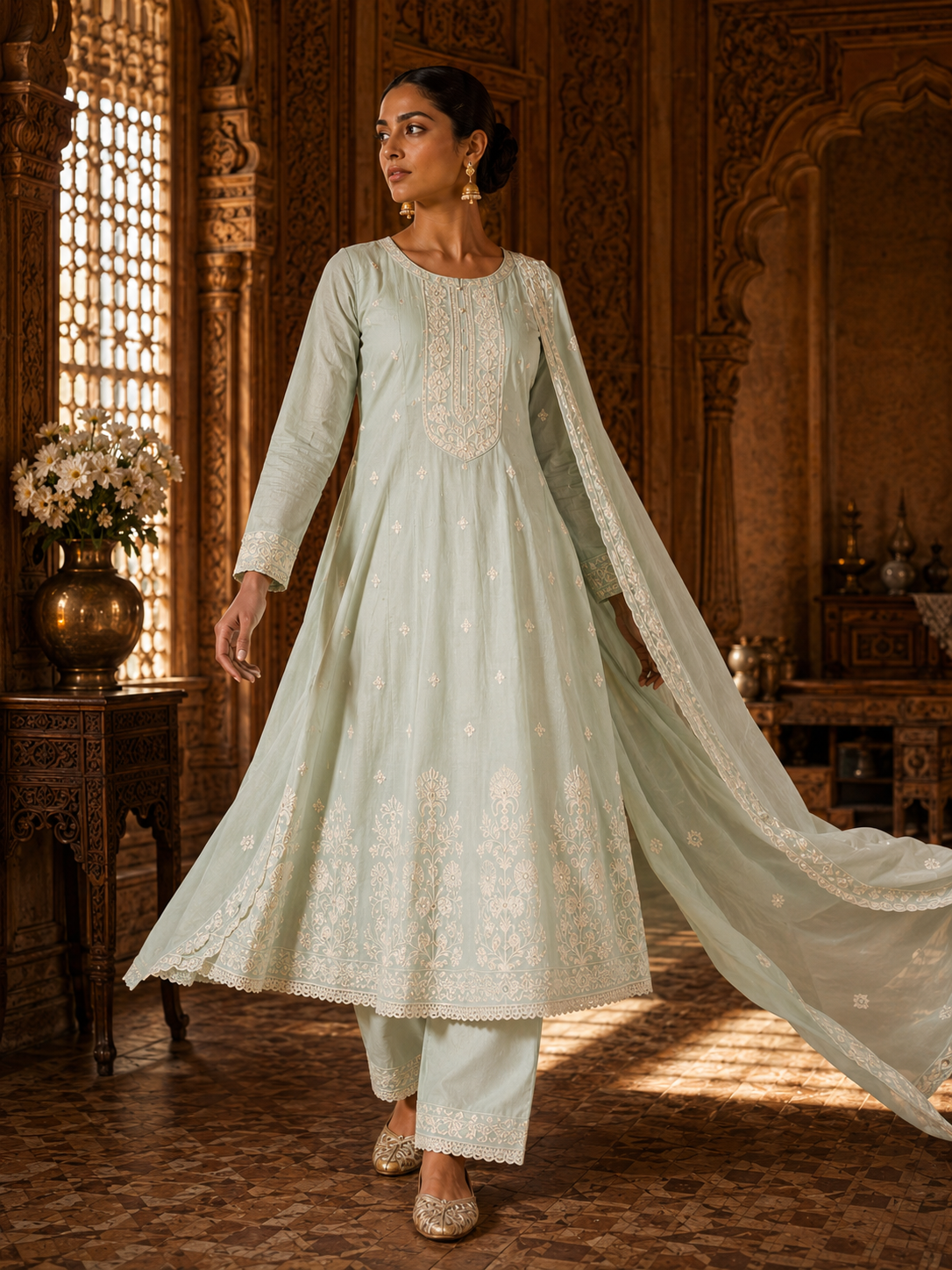 Mint Green Mul Chanderi Embroidered Anarkali Kurta Set with Palazzo & Dupatta