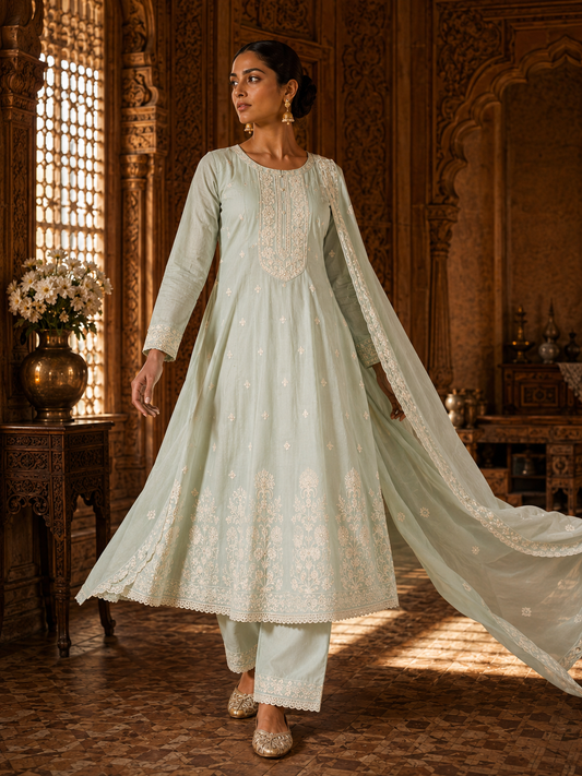Mint Green Mul Chanderi Embroidered Anarkali Kurta Set with Palazzo & Dupatta