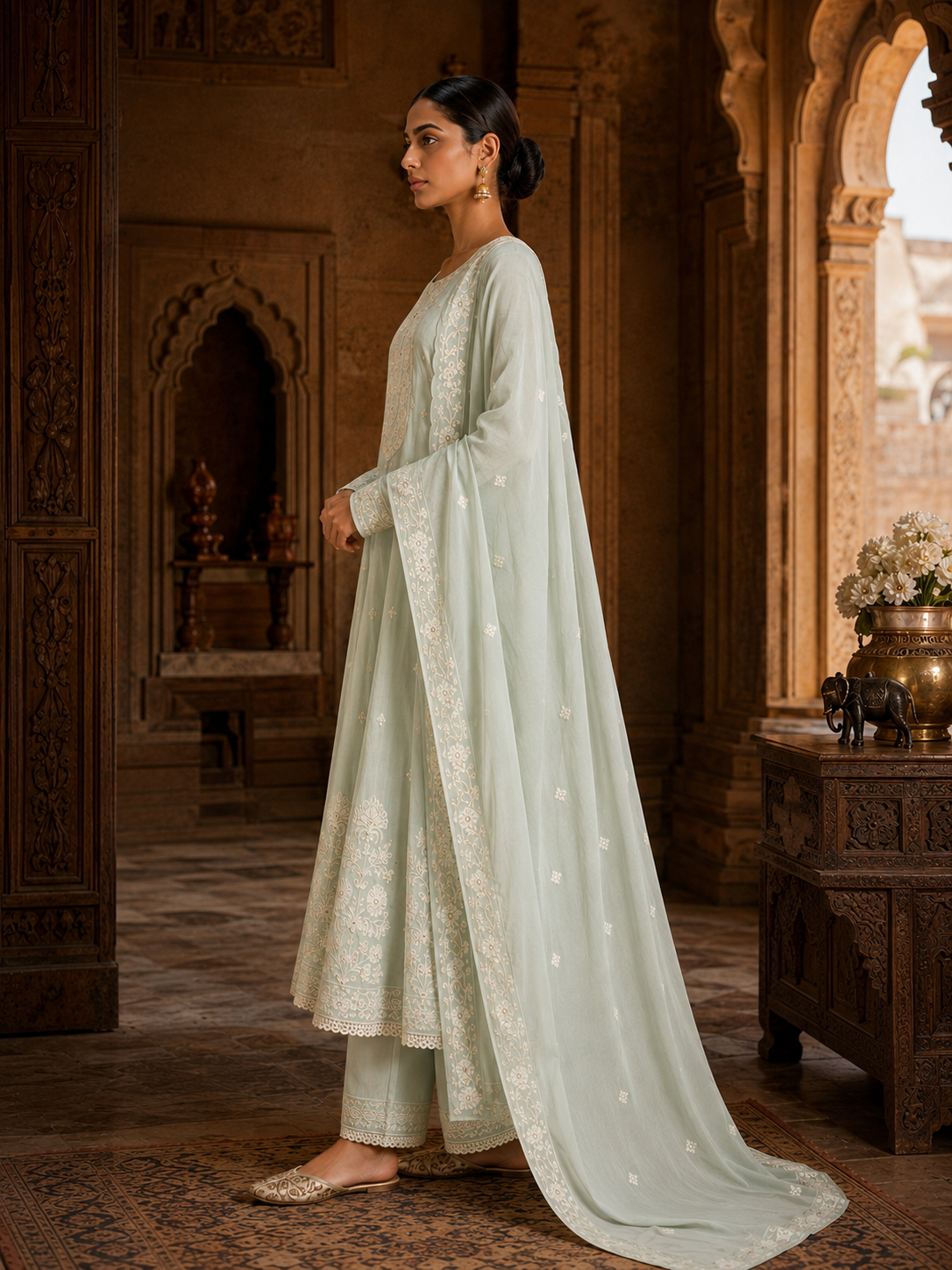 Mint Green Mul Chanderi Embroidered Anarkali Kurta Set with Palazzo & Dupatta