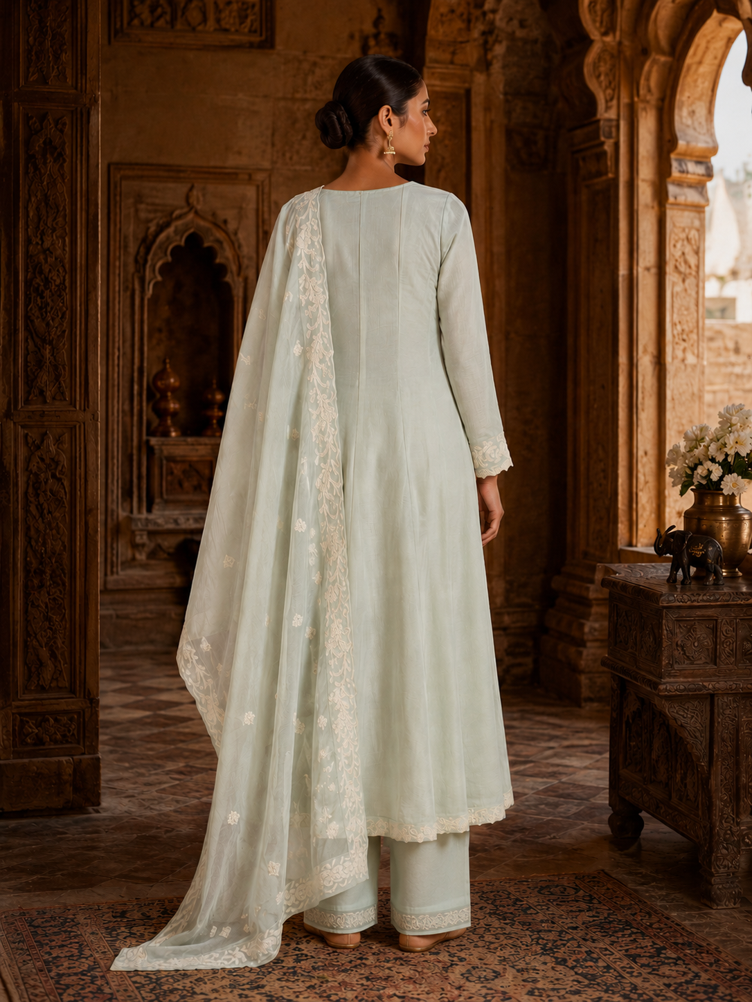 Mint Green Mul Chanderi Embroidered Anarkali Kurta Set with Palazzo & Dupatta