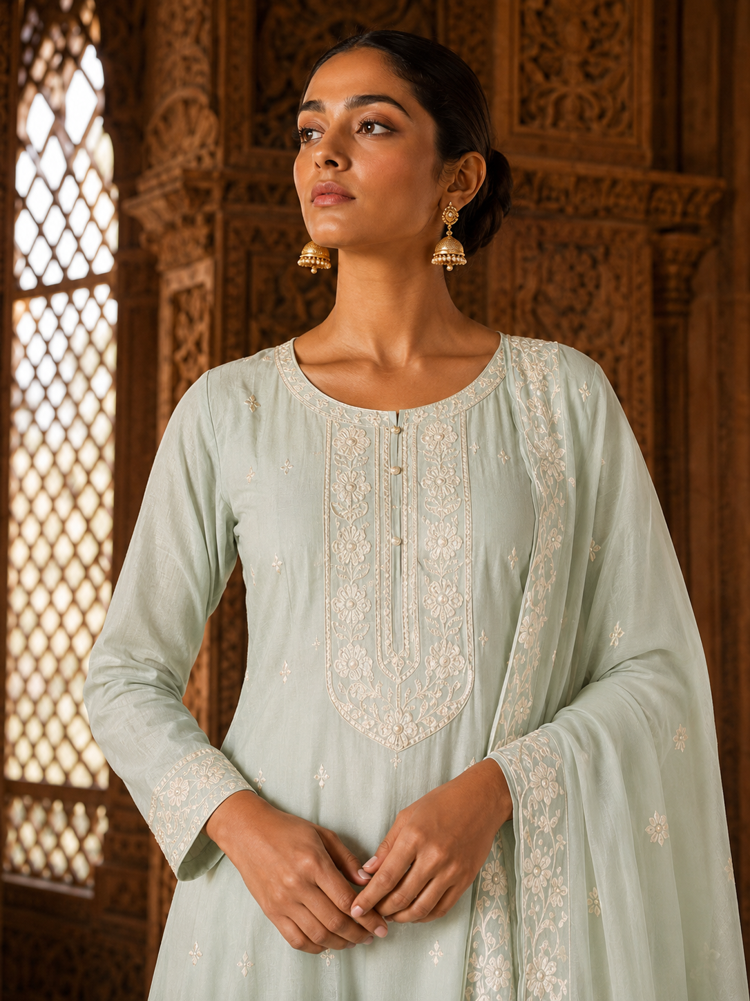 Mint Green Mul Chanderi Embroidered Anarkali Kurta Set with Palazzo & Dupatta