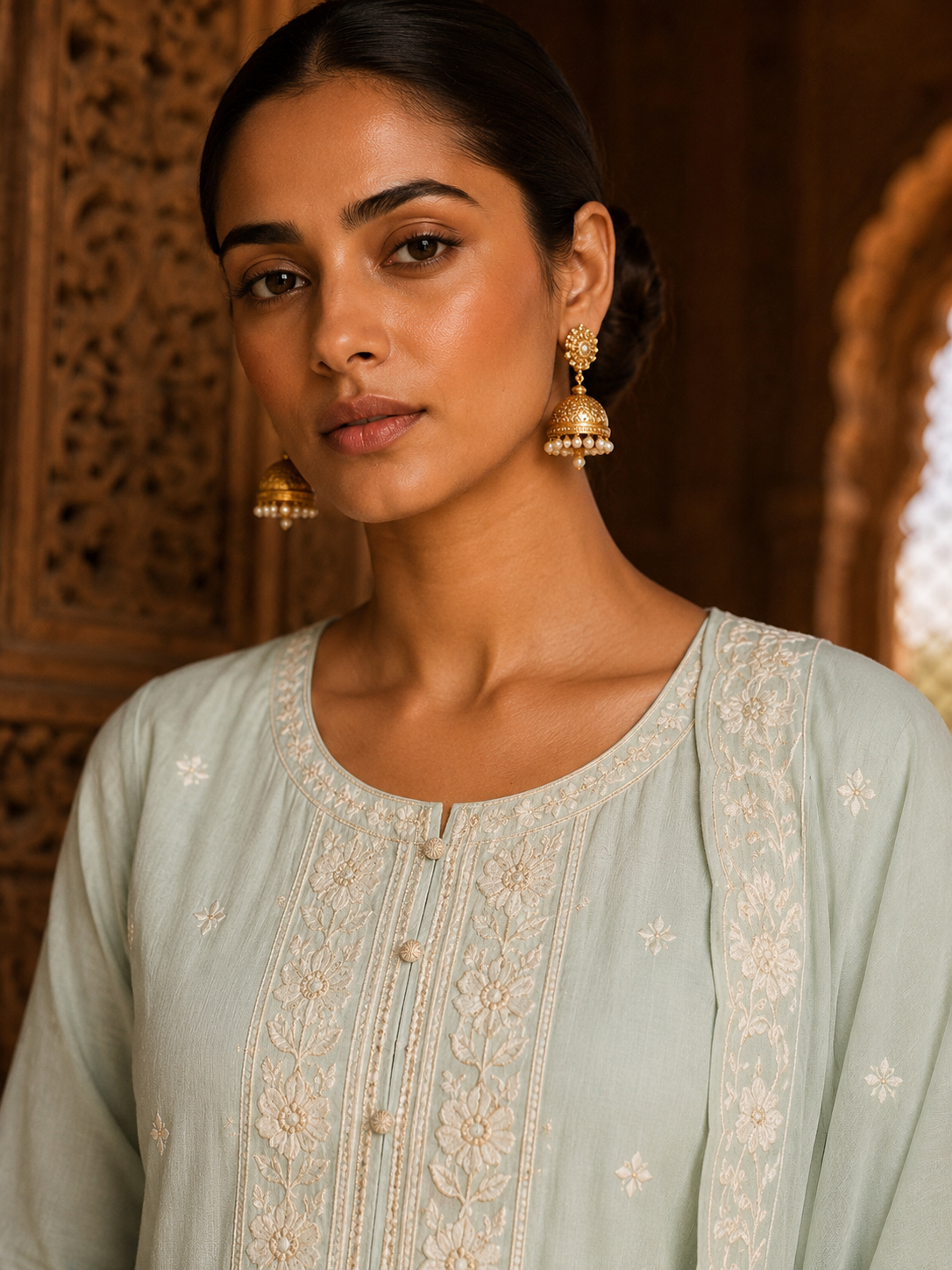 Mint Green Mul Chanderi Embroidered Anarkali Kurta Set with Palazzo & Dupatta