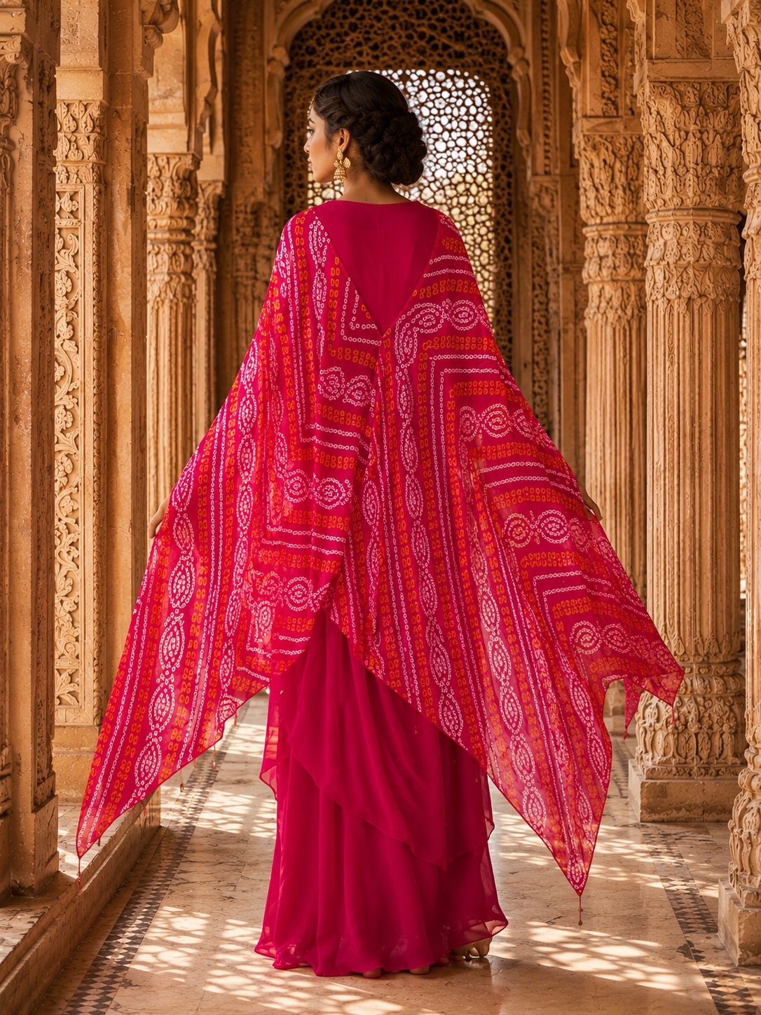 Pink Bandhani Embroidered Cape with Draped Skirt