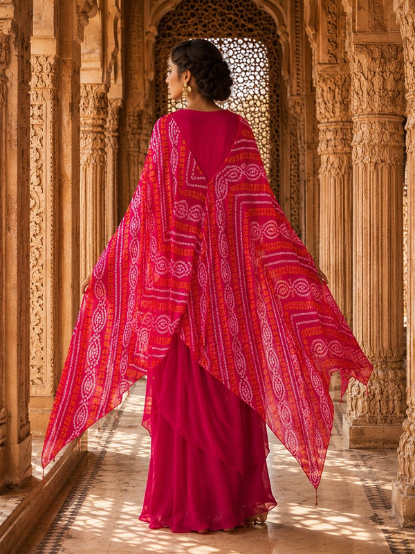 Pink Bandhani Embroidered Cape with Draped Skirt