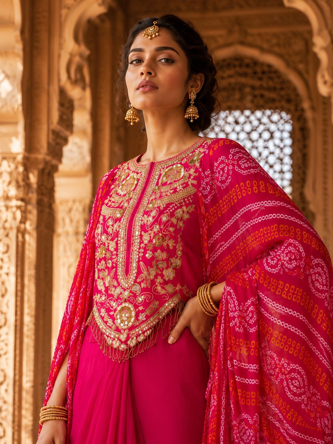 Pink Bandhani Embroidered Cape with Draped Skirt