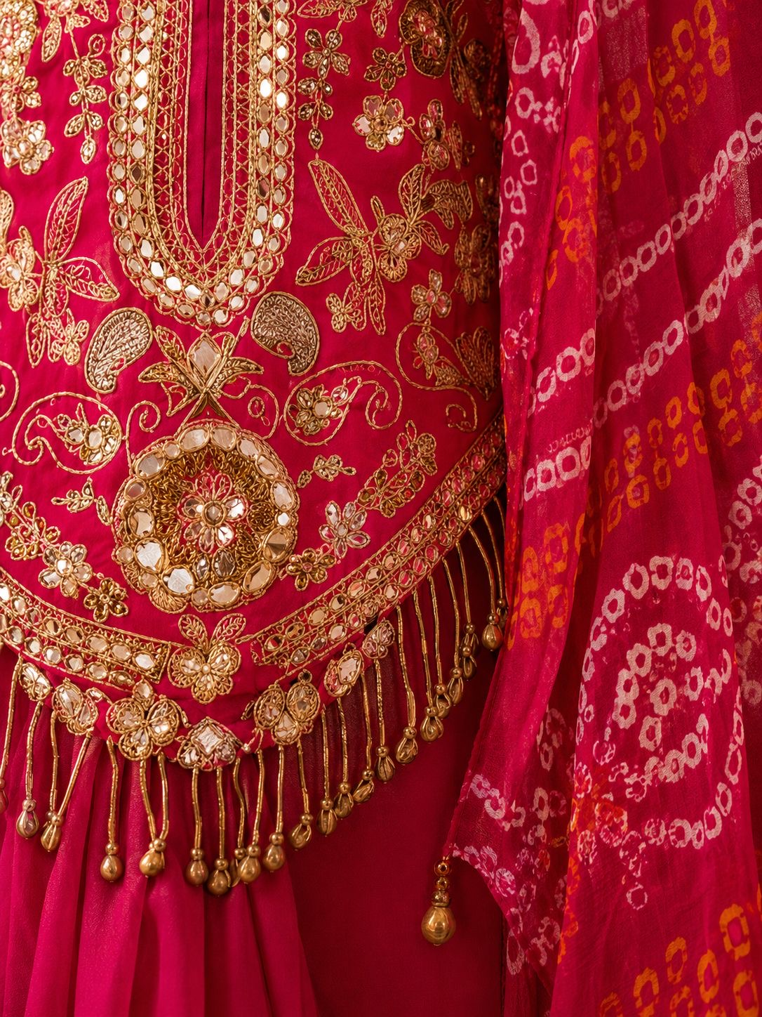 Pink Bandhani Embroidered Cape with Draped Skirt