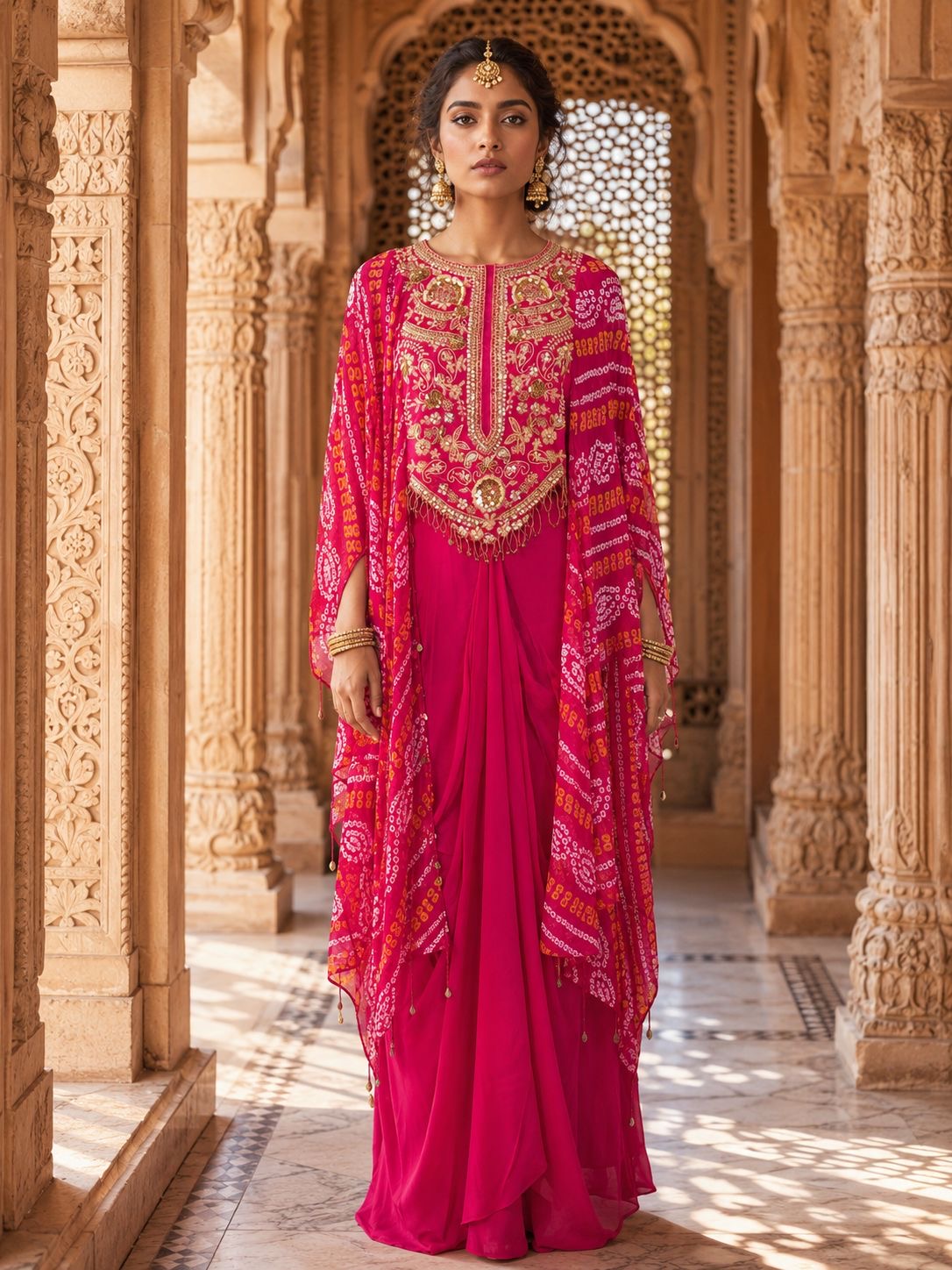 Pink Bandhani Embroidered Cape with Draped Skirt