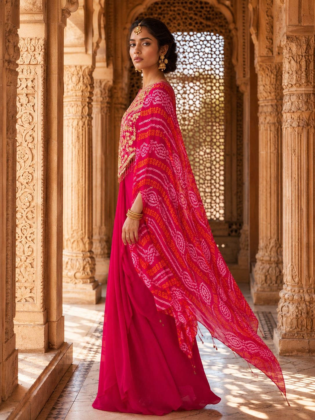 Pink Bandhani Embroidered Cape with Draped Skirt