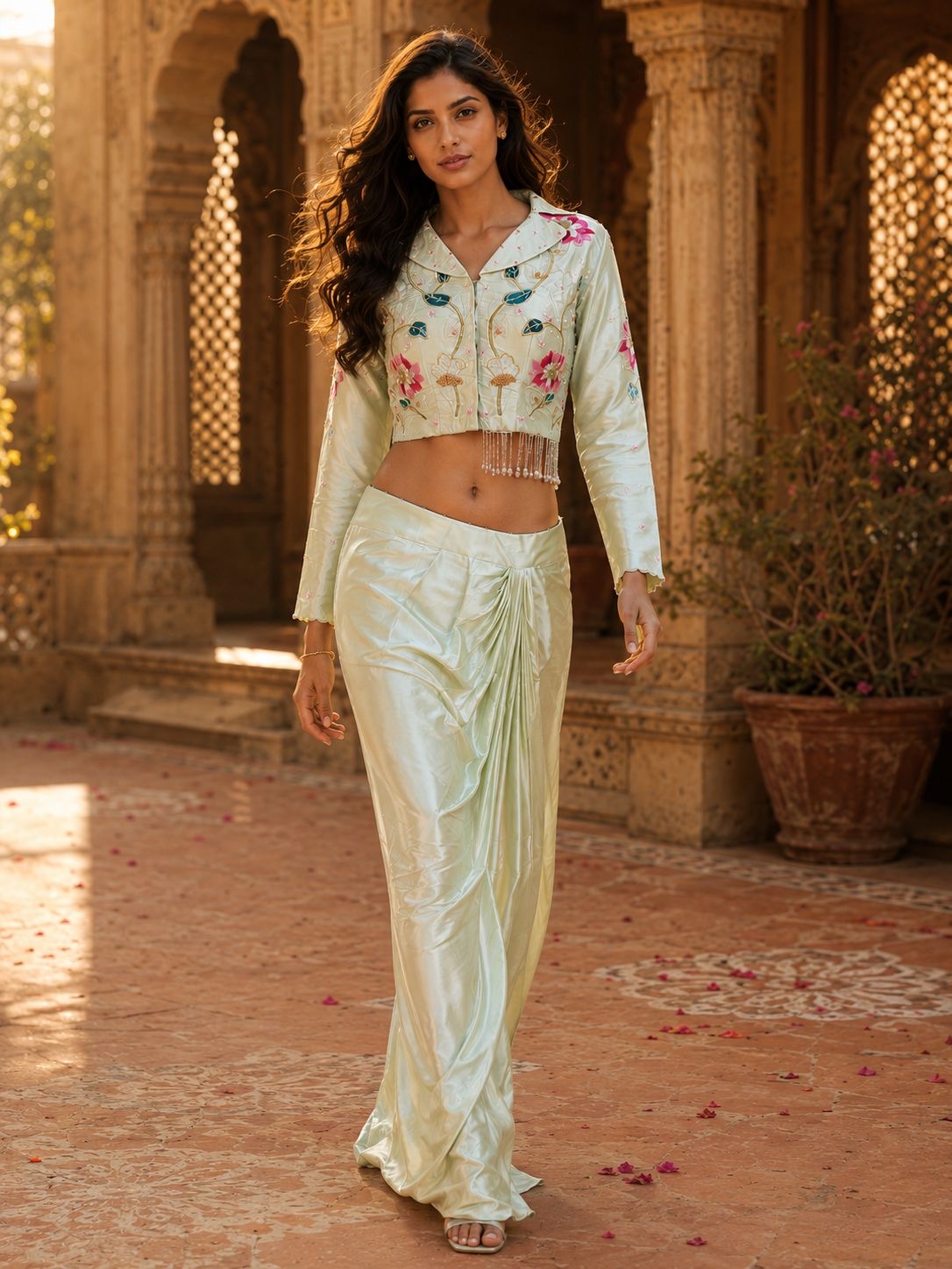 Pista Green Floral Embroidered Cropped Jacket with Draped Skirt — Skirt Set