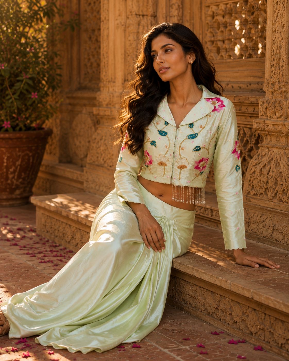 Pista Green Floral Embroidered Cropped Jacket with Draped Skirt — Skirt Set