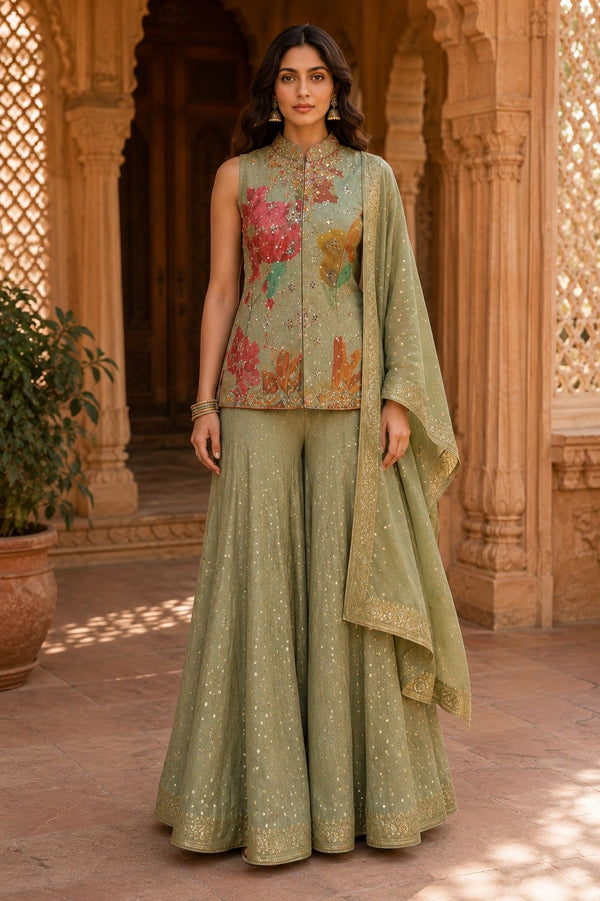 Pista Green Floral Embroidered Top with Sharara & Dupatta