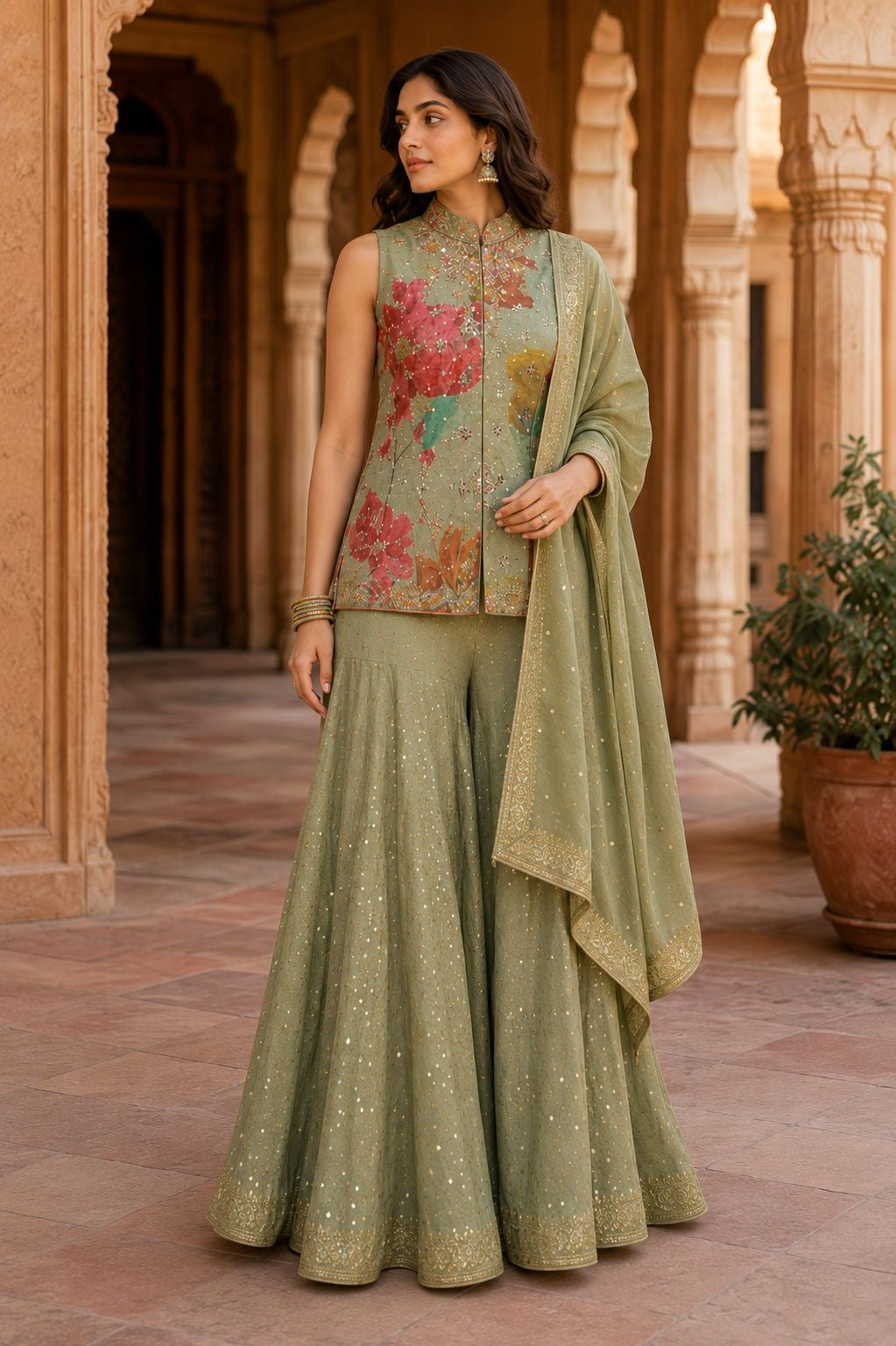 Pista Green Floral Embroidered Top with Sharara & Dupatta