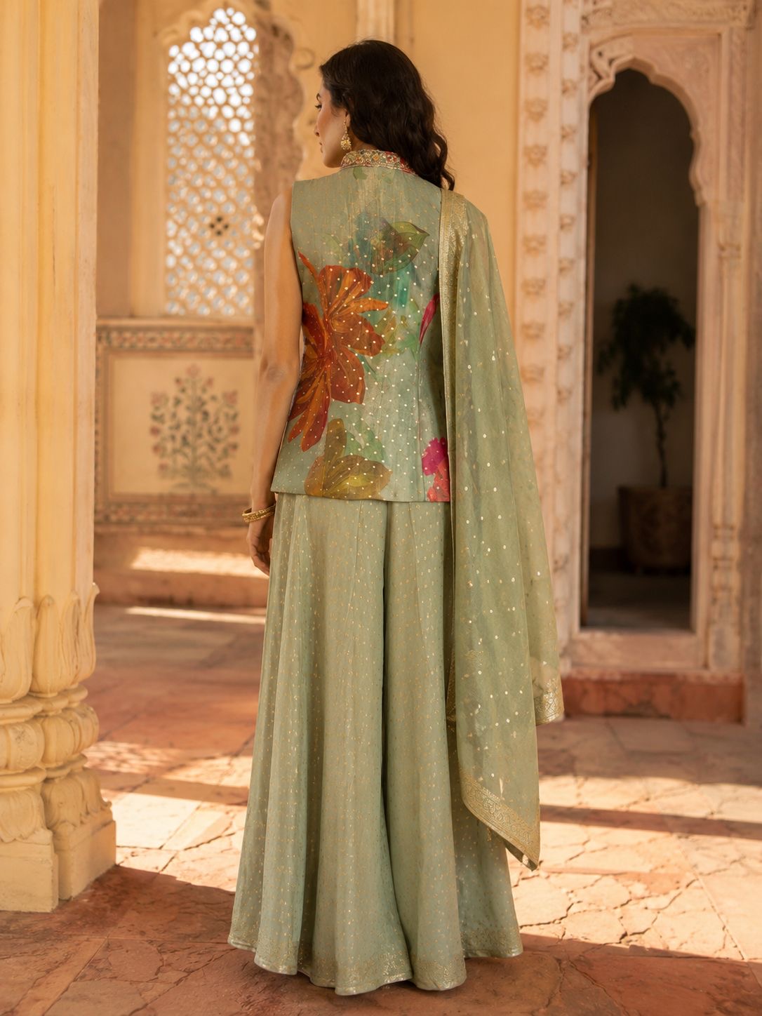 Pista Green Floral Embroidered Top with Sharara & Dupatta