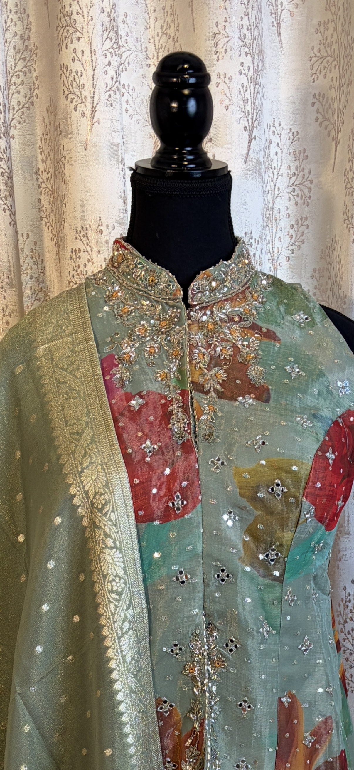Pista Green Floral Embroidered Top with Sharara & Dupatta
